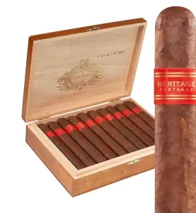 Open box of Partagás Legend cigars with dark Ecuadorian Sumatra wrappers and elegant red and gold bands