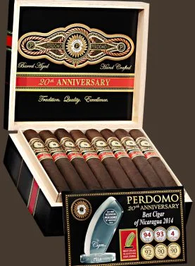 An open box of Perdomo 20th Anniversary Maduro cigars, showcasing dark, oily wrappers and elegant gold-and-blue bands, neatly arranged inside a premium wooden box.