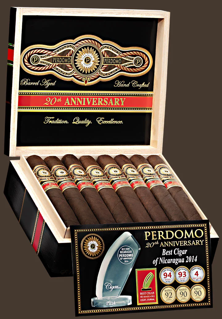 An open box of Perdomo 20th Anniversary Maduro cigars, showcasing dark, oily wrappers and elegant gold-and-blue bands, neatly arranged inside a premium wooden box.
