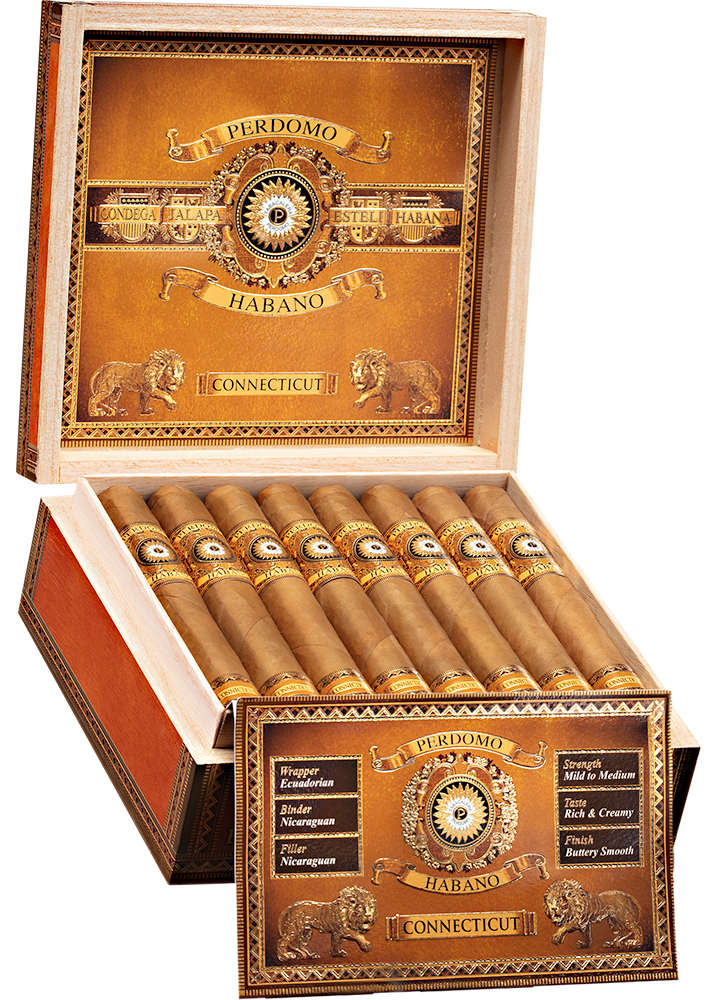 An open box of Perdomo Bourbon Barrel-Aged Connecticut cigars, showcasing light golden wrappers and elegant bands, neatly arranged inside a premium wooden box.
