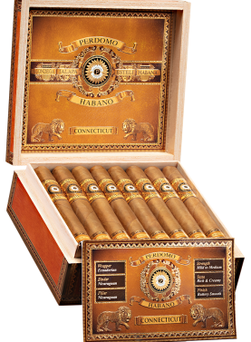 An open box of Perdomo Bourbon Barrel-Aged Connecticut cigars, showcasing light golden wrappers and elegant bands, neatly arranged inside a premium wooden box.