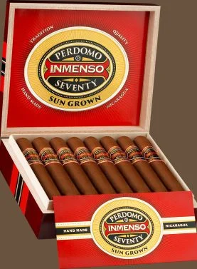 A Perdomo Inmenso Seventy Sun Grown cigar with a thick ring gauge and a rich, reddish-brown wrapper, displayed prominently to highlight its bold size and premium craftsmanship