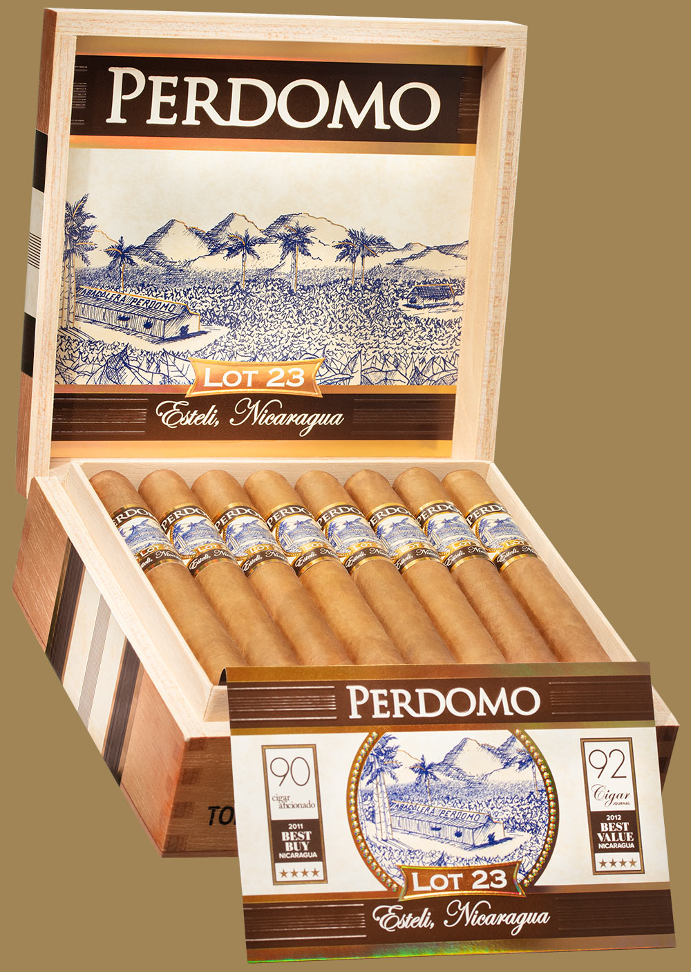 "An open box of Perdomo Lot 23 Connecticut cigars, showcasing the light, smooth wrappers and distinct Padron bands, neatly arranged inside a premium wooden box.