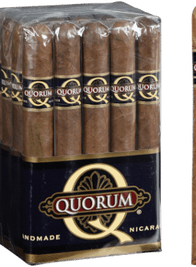 Single Quorum Classic cigar in focus with a bundle of 20 cigars blurred in the background.