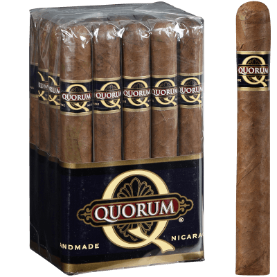 Single Quorum Classic cigar in focus with a bundle of 20 cigars blurred in the background.