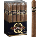 Single Quorum Classic cigar in focus with a bundle of 20 cigars blurred in the background.
