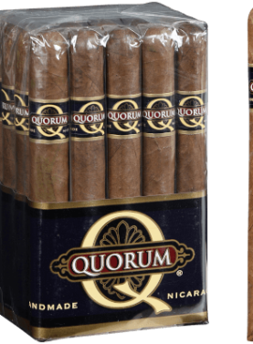 Single Quorum Classic cigar in focus with a bundle of 20 cigars blurred in the background.