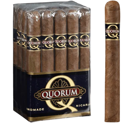 Single Quorum Classic cigar in focus with a bundle of 20 cigars blurred in the background.