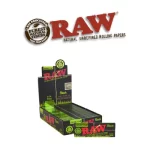 RAW Black Organic rolling papers display box of 24 packs with RAW logo in background