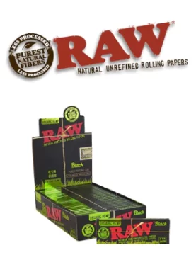 RAW Black Organic rolling papers display box of 24 packs with RAW logo in background