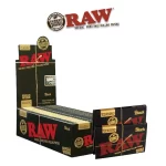 Open display of RAW Black Single Wide rolling papers showcasing their thin, natural hemp texture