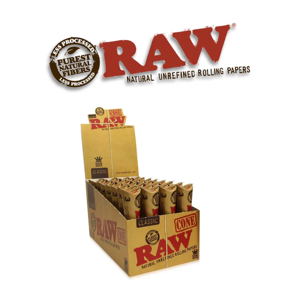 Display of 32 RAW Classic King Size Cones upright in branded box packaging.