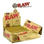 Display box of RAW Organic Artesano King Slim rolling papers with built-in tips and tray.