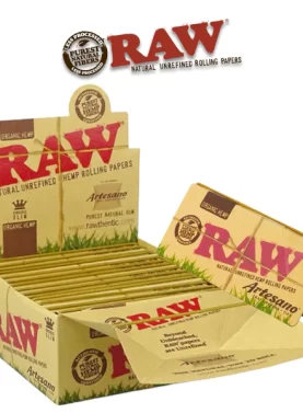 Display box of RAW Organic Artesano King Slim rolling papers with built-in tips and tray.