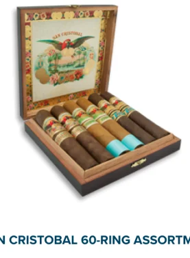 Open box of San Cristobal 60-Ring Assortment featuring large ring premium cigars