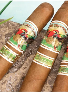 Three San Cristobal Elegancia cigars with light, golden Connecticut wrappers and elegant bands resting beside a clear blue pool on a sunny day."