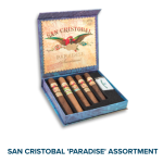 Open box of San Cristobal Paradise Assortment with premium cigars and a branded lighter