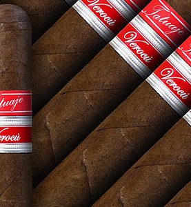 Open box of Tatuaje Havana VI Verocu Blue No. 2 cigars with dark, rich Ecuadorian Habano wrappers and sleek, bold branding.