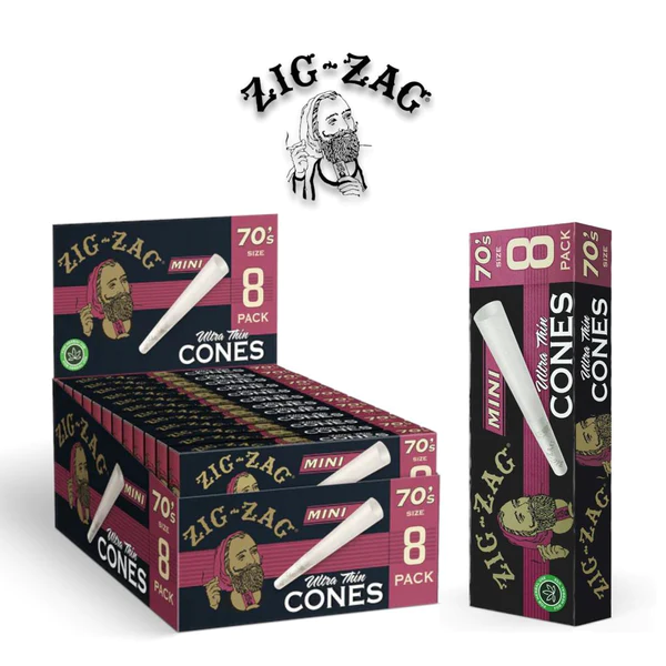 Single pack of Zig Zag Ultra Thin Cone Mini Size 70's in the foreground with an open display box in the background.