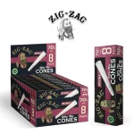 Single pack of Zig Zag Ultra Thin Cone Mini Size 70's in the foreground with an open display box in the background.