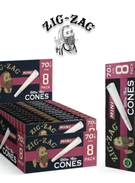 Single pack of Zig Zag Ultra Thin Cone Mini Size 70's in the foreground with an open display box in the background.