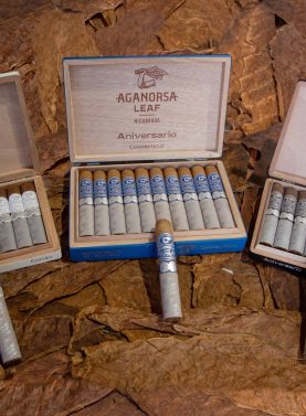 Open box of Aganorsa Leaf Anniversario cigars, featuring one of each wrapper type, showcasing their elegant construction and rich, varied wrappers.
