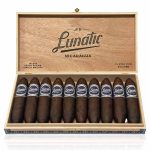 "Open box of JFR Lunatic El Loco cigars, showcasing their large ring gauge and rich, oily wrappers
