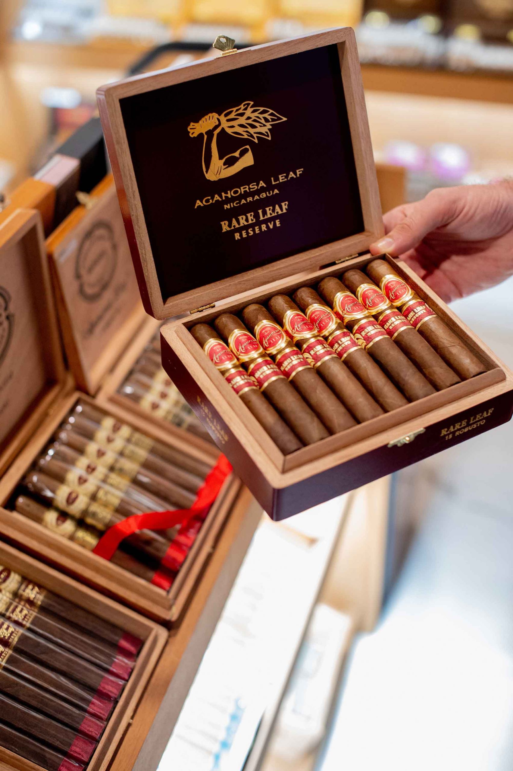Open box of Aganorsa Leaf Rare Leaf cigars, displaying their rich, dark wrappers and flawless construction, offering a bold and complex smoking experience.