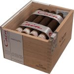 Open box of Cain Maduro cigars featuring dark, oily wrappers and bold branding