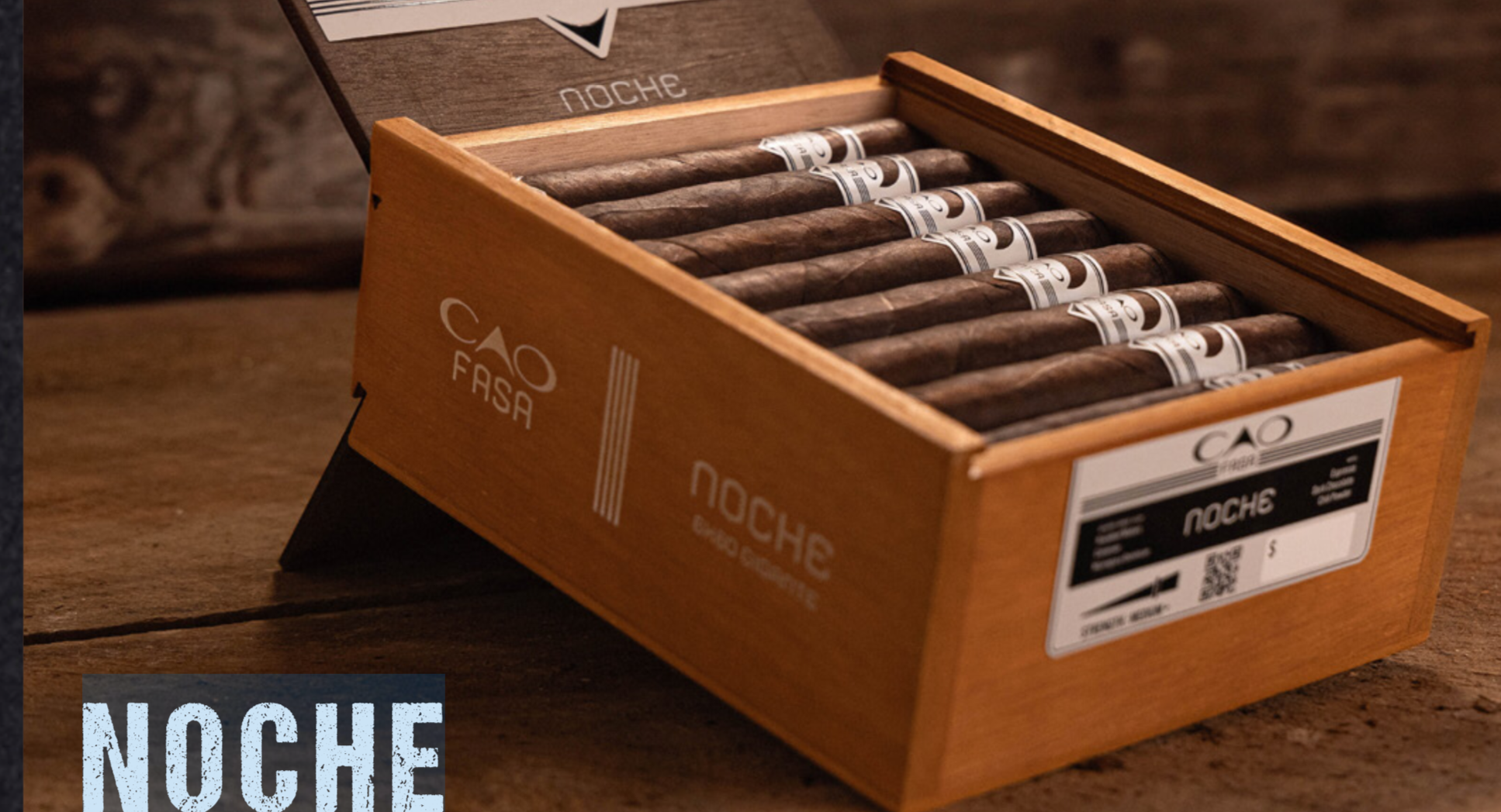 Open box of CAO Fuma Noche cigars featuring dark Brazilian Mata Fina wrappers and premium construction.