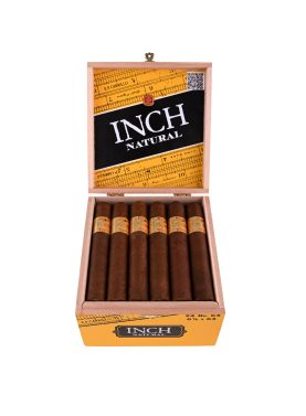 Open box of Inch Natural cigars with golden-brown wrappers and bold bands, neatly arranged in a wooden box.