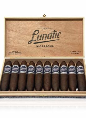 "Open box of JFR Lunatic El Loco cigars, showcasing their large ring gauge and rich, oily wrappers