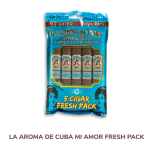 La Aroma de cuba Mi Amor fresh pack -a sealed humidor pack containing Premium Mi Amor cigars with a bold,rich blend,featuring the brand’s elegant blue and gold logo
