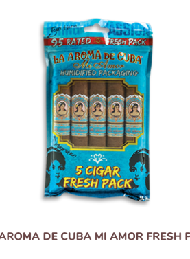 La Aroma de cuba Mi Amor fresh pack -a sealed humidor pack containing Premium Mi Amor cigars with a bold,rich blend,featuring the brand’s elegant blue and gold logo