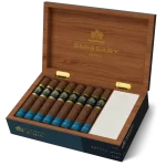 Open box of Macanudo España Emissary cigars with elegant Spanish-themed packaging and premium presentation.
