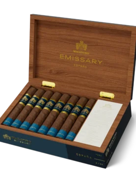 Open box of Macanudo España Emissary cigars with elegant Spanish-themed packaging and premium presentation.