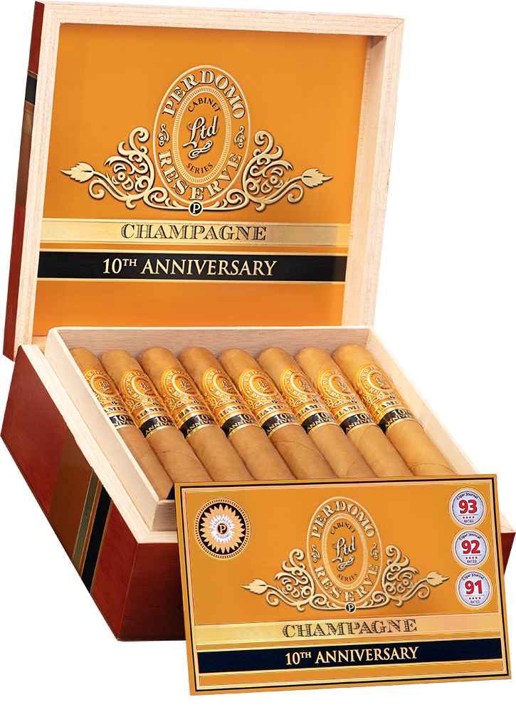 An open box of Perdomo 10th Anniversary Champagne cigars, featuring the light, smooth wrappers and gold bands, elegantly arranged inside the box.