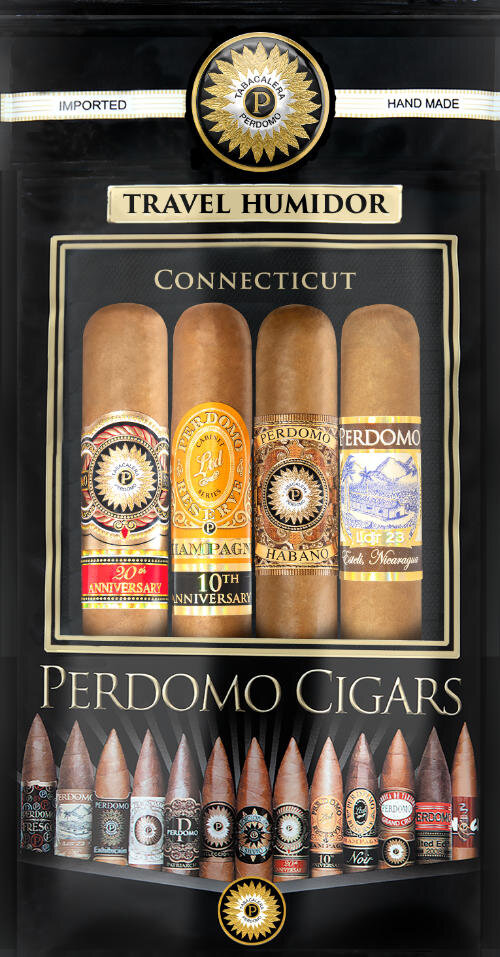 Four Perdomo cigars in Fresh Humidity Packs, featuring different styles: Perdomo Connecticut, Perdomo 10th Anniversary Connecticut, Perdomo 20th Anniversary, and Perdomo Lot 23 Connecticut, each displayed in their individually sealed, humidity-controlled pouches to preserve freshness and flavor.
