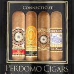 Four Perdomo cigars in Fresh Humidity Packs, featuring different styles: Perdomo Connecticut, Perdomo 10th Anniversary Connecticut, Perdomo 20th Anniversary, and Perdomo Lot 23 Connecticut, each displayed in their individually sealed, humidity-controlled pouches to preserve freshness and flavor.