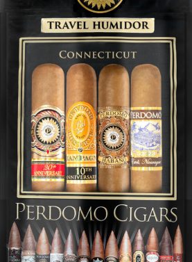 Four Perdomo cigars in Fresh Humidity Packs, featuring different styles: Perdomo Connecticut, Perdomo 10th Anniversary Connecticut, Perdomo 20th Anniversary, and Perdomo Lot 23 Connecticut, each displayed in their individually sealed, humidity-controlled pouches to preserve freshness and flavor.