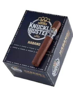 Single Punch Knuckle Buster Habano cigar resting on its box, showcasing natural Habano wrapper and bold branding