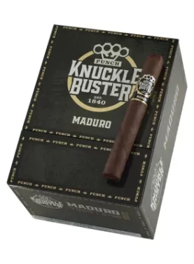 Single Punch Knuckle Buster Maduro cigar resting on its box, showcasing dark Maduro wrapper and bold packaging