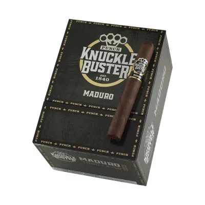 Single Punch Knuckle Buster Maduro cigar resting on its box, showcasing dark Maduro wrapper and bold packaging