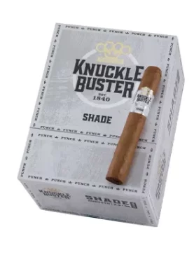 Single Punch Knuckle Buster Shade cigar resting on top of its branded box, showcasing Connecticut Shade wrapper and packaging design