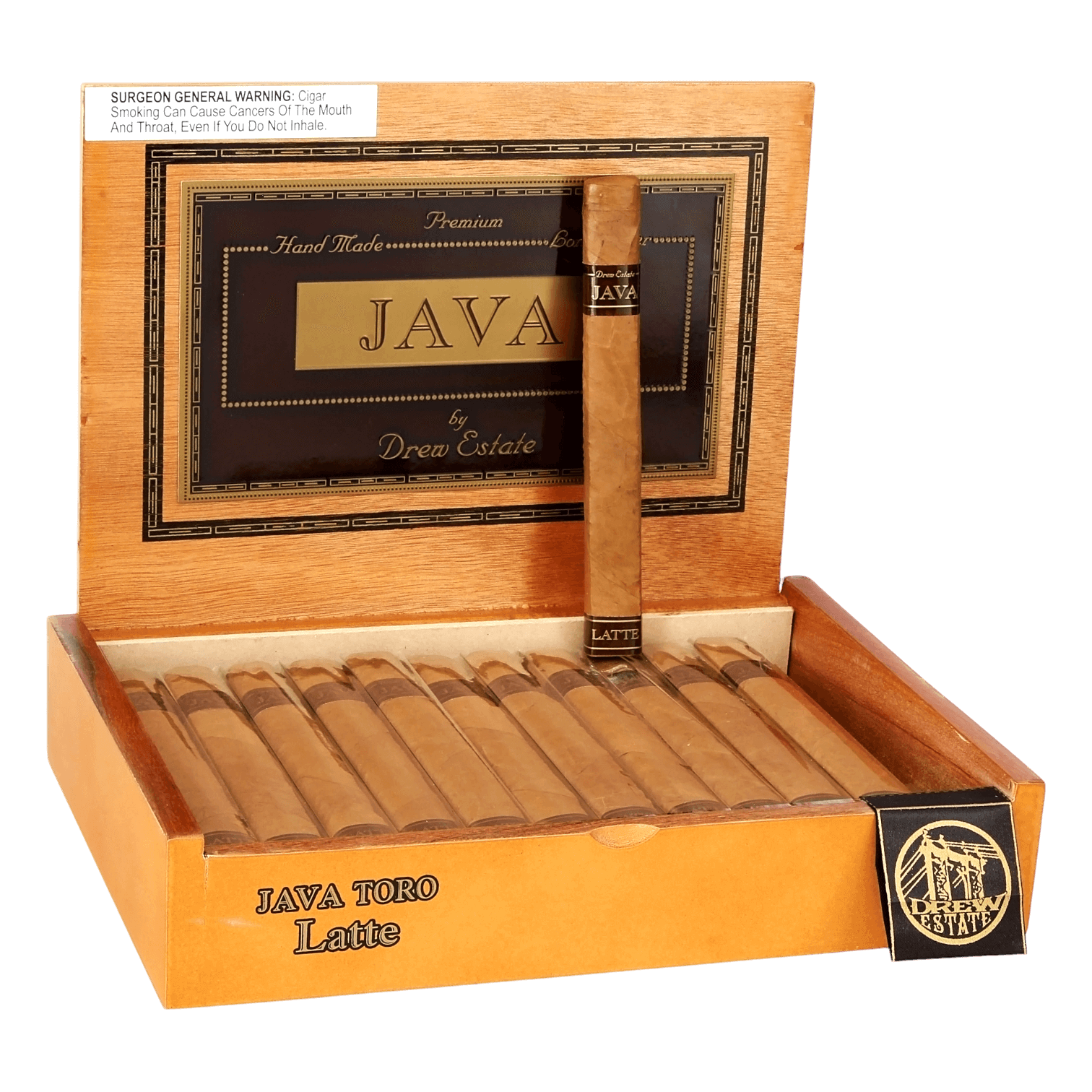 Open box of Java Latte by Rocky Patel cigars with light Connecticut wrappers and elegant coffee-themed branding.