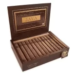 Open box of Java Maduro by Rocky Patel cigars featuring dark, oily wrappers and signature coffee-themed box-press design
