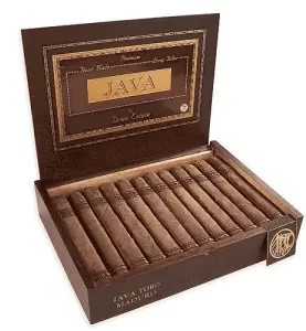 Open box of Java Maduro by Rocky Patel cigars featuring dark, oily wrappers and signature coffee-themed box-press design