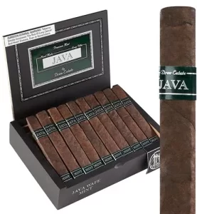 Open box of Java Mint by Rocky Patel cigars with dark Maduro wrappers and distinctive mint-infused presentation.