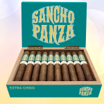 Open box of Sancho Panza Extra Chido cigars with cigars neatly arranged inside.