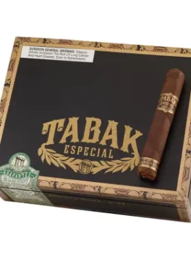 Single Tabak Especial Negra resting on a closed box
